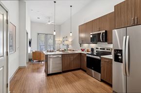 Carrollton apartment for rent - A modern kitchen with wooden cabinets and stainless steel appliances.