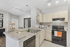 Tampa apartment for rent - A kitchen with a black oven and white cabinets.