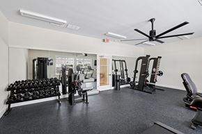 Jackson apartment for rent - A spacious gym with a variety of equipment including dumbbells, weight machines, and a bench press.
