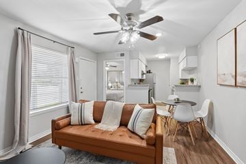 Houston apartment for rent - A living room with a brown couch and a ceiling fan.