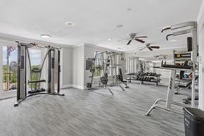Dallas apartment for rent - A spacious gym with a variety of equipment and a view of the outdoors.