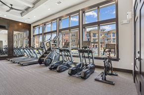 Prosper apartment for rent - A gym with treadmills and a view of apartment buildings outside the window.
