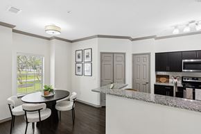 Conroe apartment for rent - A kitchen with a table and chairs in the foreground and a countertop with a plant on it.