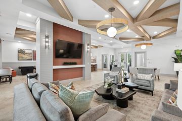 Parish apartment for rent - A modern living room with a grey sofa set and a wooden ceiling.