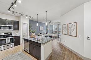 Carrollton apartment for rent - A modern kitchen with dark wood cabinets and stainless steel appliances.