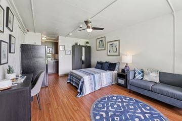 San Marcos apartment for rent - A living room with a grey couch and a blue patterned rug.