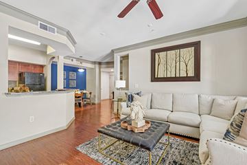 San Antonio apartment for rent - A living room with a white couch and a coffee table with a statue on it.