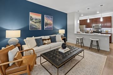 Austin apartment for rent - A living room with a brown leather chair and a black coffee table.