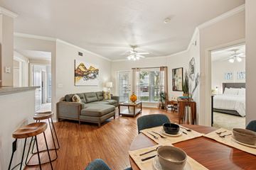 San Antonio apartment for rent - a living room and dining room with a couch and a table
