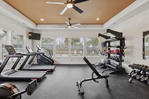 Fulshear apartment for rent - A spacious home gym with treadmills, elliptical machines, and other exercise equipment.