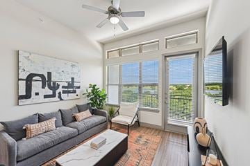 Carrollton apartment for rent - A living room with a grey couch and a painting on the wall.