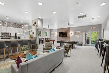 Dallas apartment for rent - A modern living room with a grey couch and a bar area.