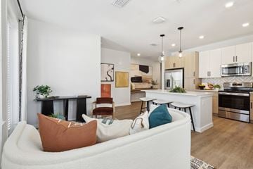 Wesley Chapel apartment for rent - A modern living room with a white couch and a fireplace.