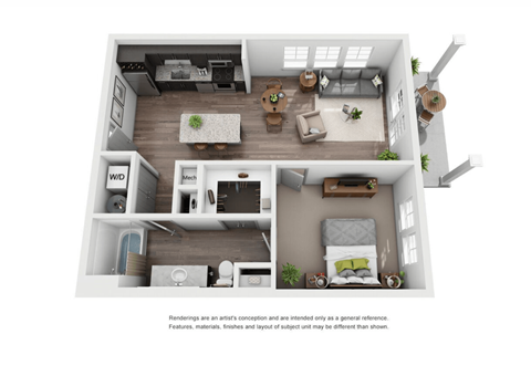 Floor plan for 1 bed, 1 bath, 763 sqft