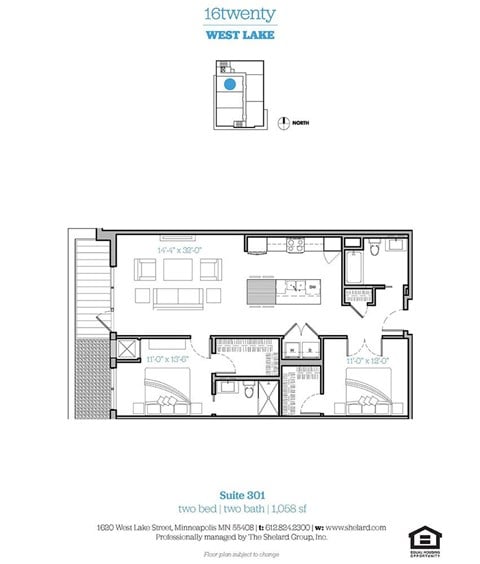 Floor plan for 2 beds, 2 baths, 1058 sqft