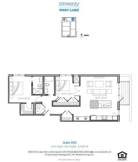 Floor plan for 2 beds, 2 baths, 1065 sqft