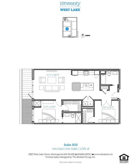 Floor plan for 2 beds, 2 baths, 1061 sqft