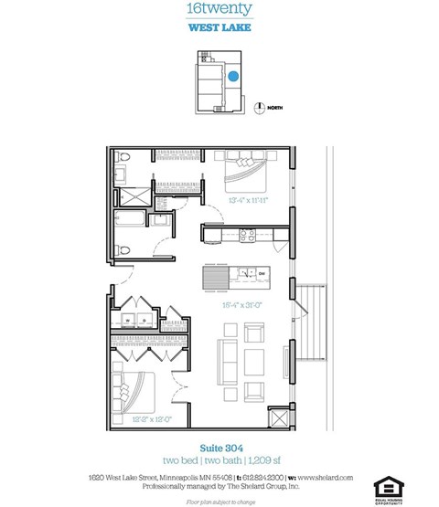 Floor plan for 2 beds, 2 baths, 1209 sqft