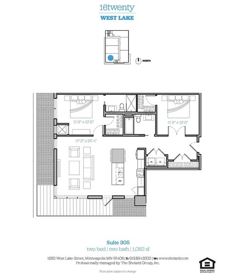 Floor plan for 2 beds, 2 baths, 1082 sqft