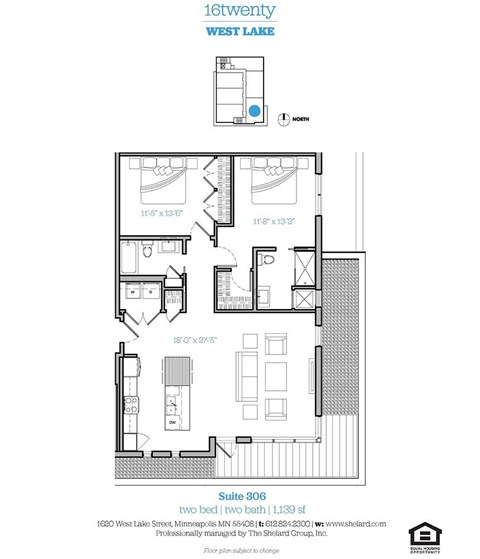 Floor plan for 2 beds, 2 baths, 1139 sqft