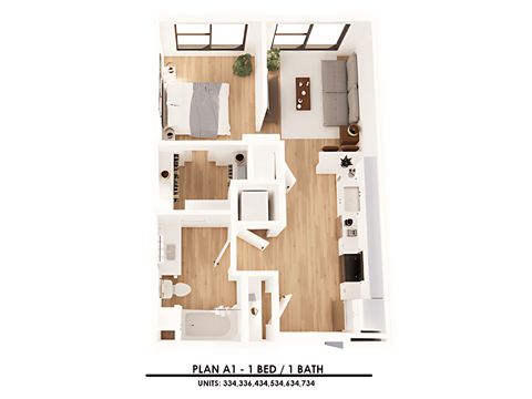 Floor plan for studio, 1 bath, 539 sqft