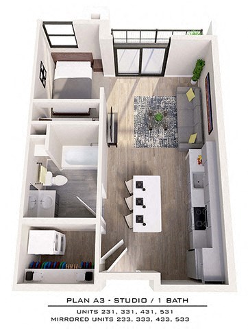 Floor plan for studio, 1 bath, 537 sqft