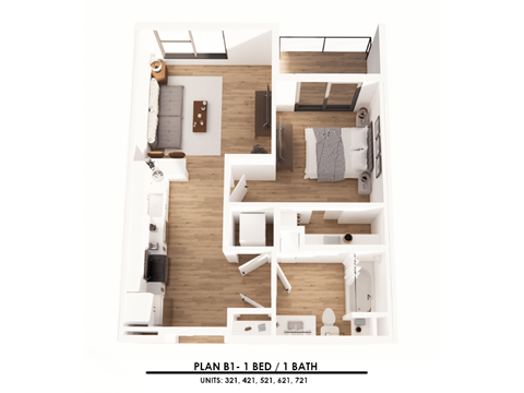 Floor plan for 1 bed, 1 bath, 584 sqft