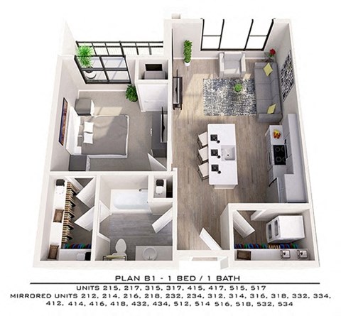 Floor plan for 1 bed, 1 bath, 716 sqft