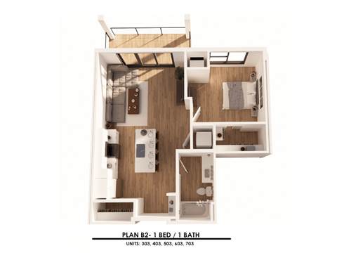 Floor plan for 1 bed, 1 bath, 712 sqft