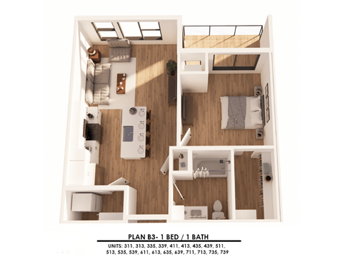 Floor plan for 1 bed, 1 bath, 707 sqft