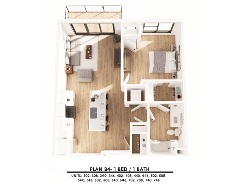 Floor plan for 1 bed, 1 bath, 731 sqft