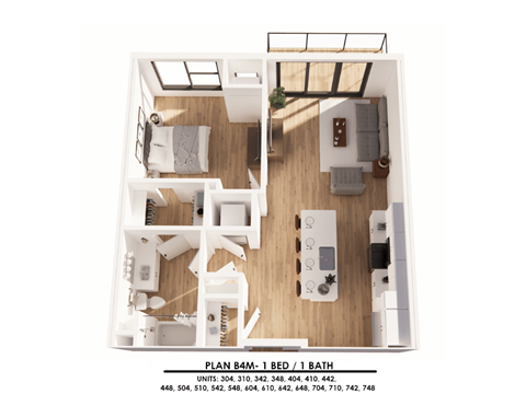 Floor plan for 1 bed, 1 bath, 731 sqft