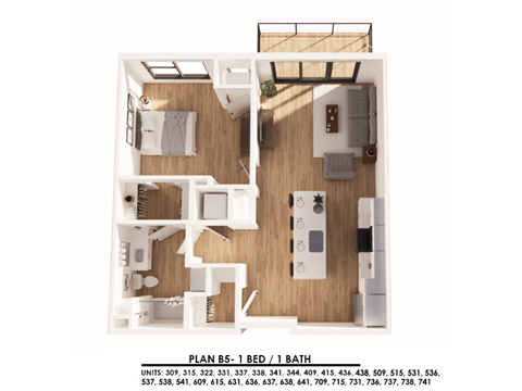 Floor plan for 1 bed, 1 bath, 774 sqft
