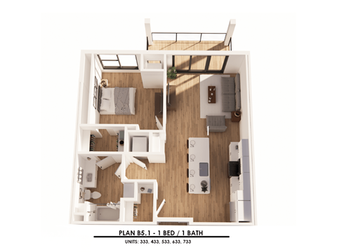 Floor plan for 1 bed, 1 bath, 774 sqft