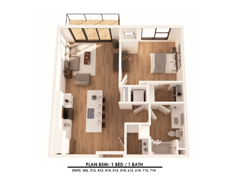 Floor plan for 1 bed, 1 bath, 774 sqft