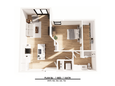 Floor plan for 1 bed, 1 bath, 809 sqft
