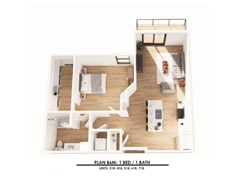 Floor plan for 1 bed, 1 bath, 809 sqft