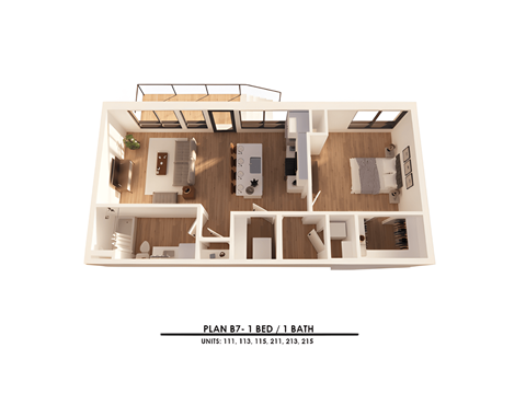 Floor plan for 1 bed, 1 bath, 771 sqft