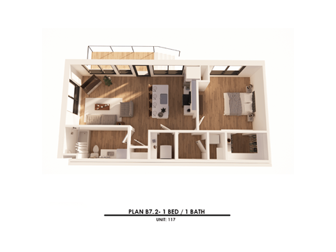 Floor plan for 1 bed, 1 bath, 771 sqft