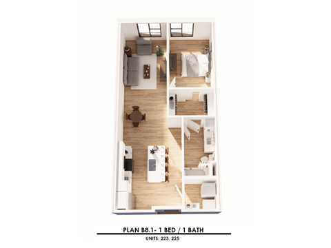 Floor plan for 1 bed, 1 bath, 765 sqft