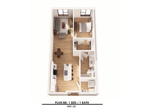 Floor plan for 1 bed, 1 bath, 765 sqft