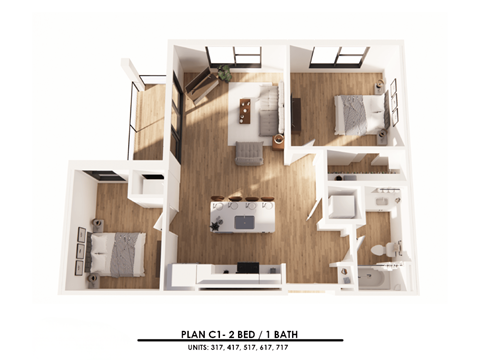 Floor plan for 2 beds, 1 bath, 886 sqft