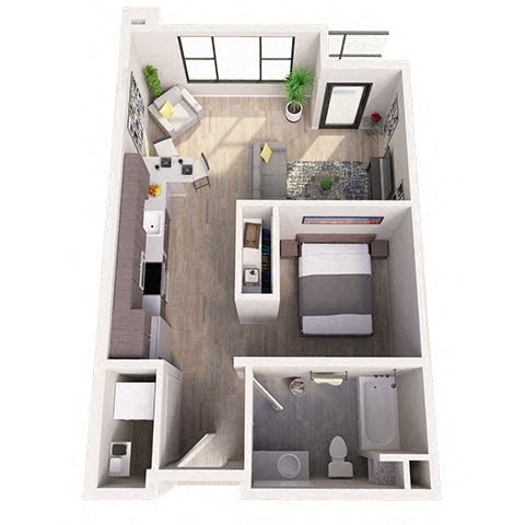 Floor plan for studio, 1 bath, 606 sqft