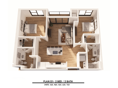 Floor plan for 2 beds, 2 baths, 993 sqft