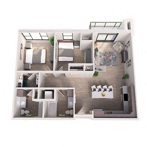 Floor plan for 2 beds, 2 baths, 1070 sqft