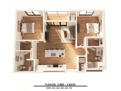 Floor plan for 2 beds, 2 baths, 1051 sqft