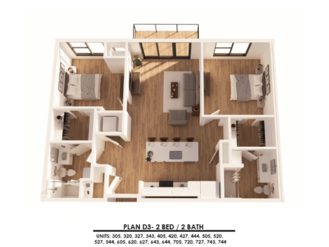 Floor plan for 2 beds, 2 baths, 1089 sqft