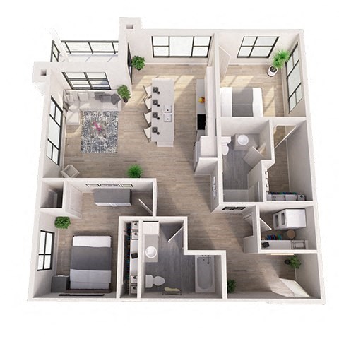 Floor plan for 2 beds, 2 baths, 1197 sqft