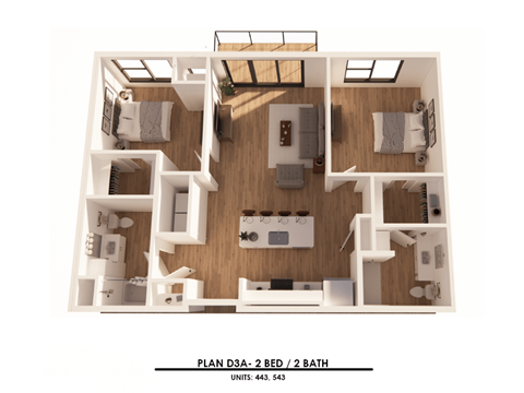 Floor plan for 2 beds, 2 baths, 1089 sqft