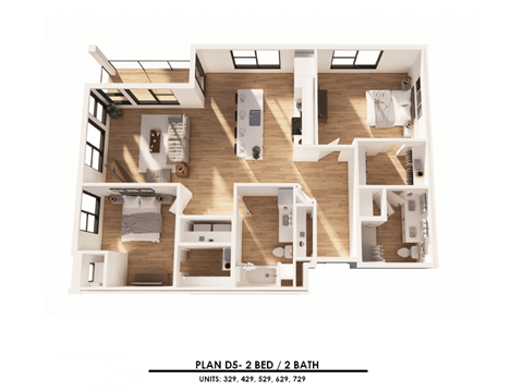 Floor plan for 2 beds, 2 baths, 1229 sqft